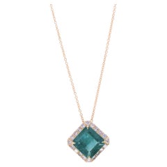 Square Emerald Diamond Halo 18 Karat Yellow Gold Unique Amulet Pendant Necklace