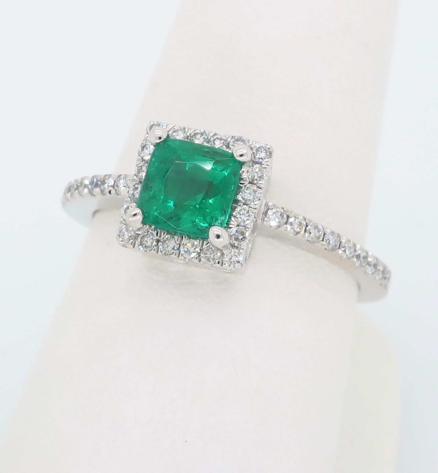Square Emerald and Diamond Halo Ring In New Condition In Webster, NY