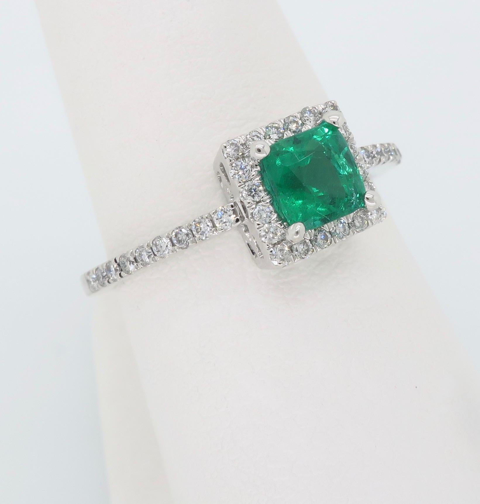 Women's or Men's Square Emerald and Diamond Halo Ring