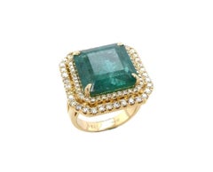 Square Emerald Diamond Halo Statement Unique Luxury Vintage Yellow Gold Ring