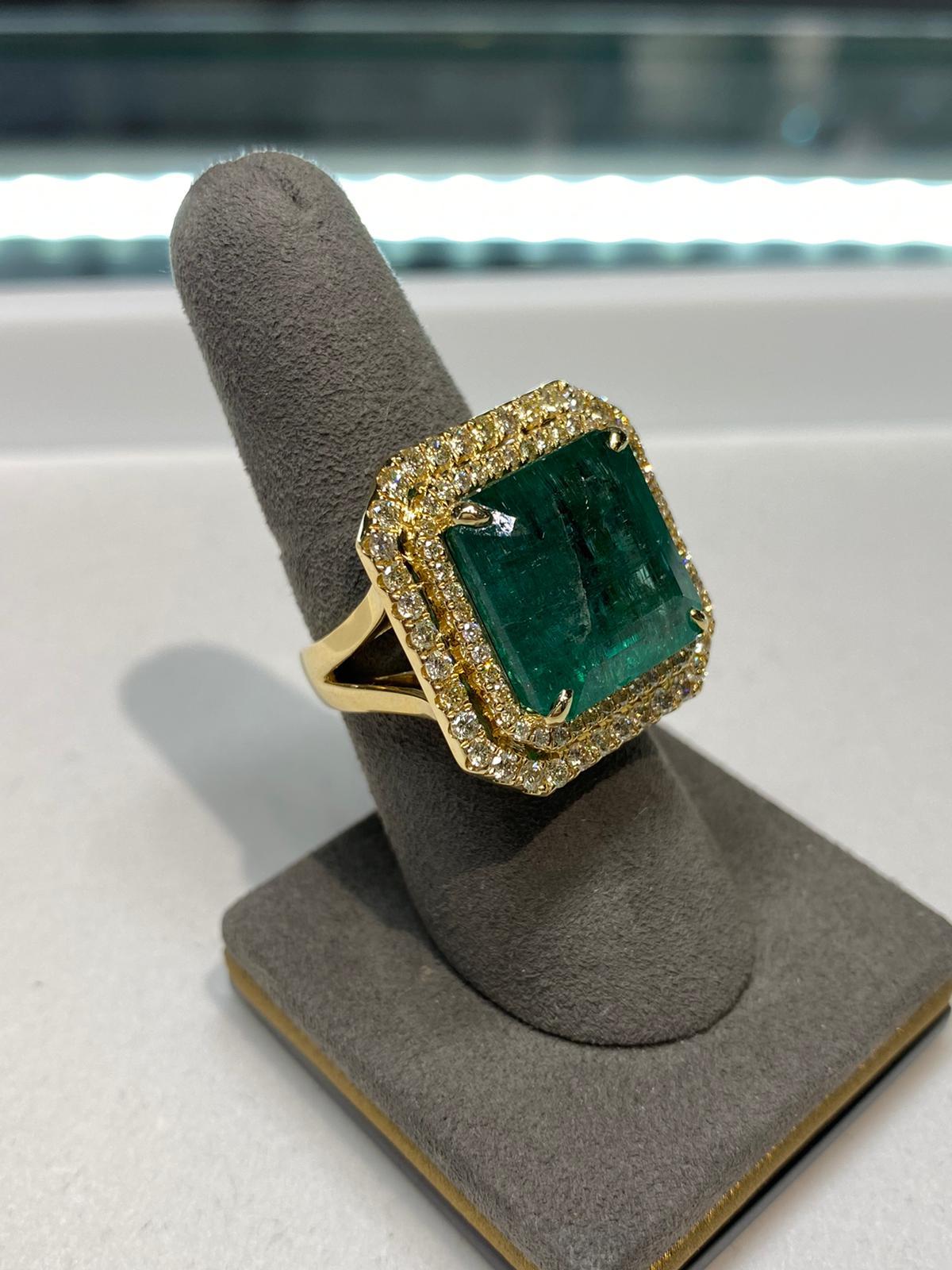 Modern Square Emerald Diamond Halo Statement Unique Luxury Vintage Yellow Gold Ring For Sale