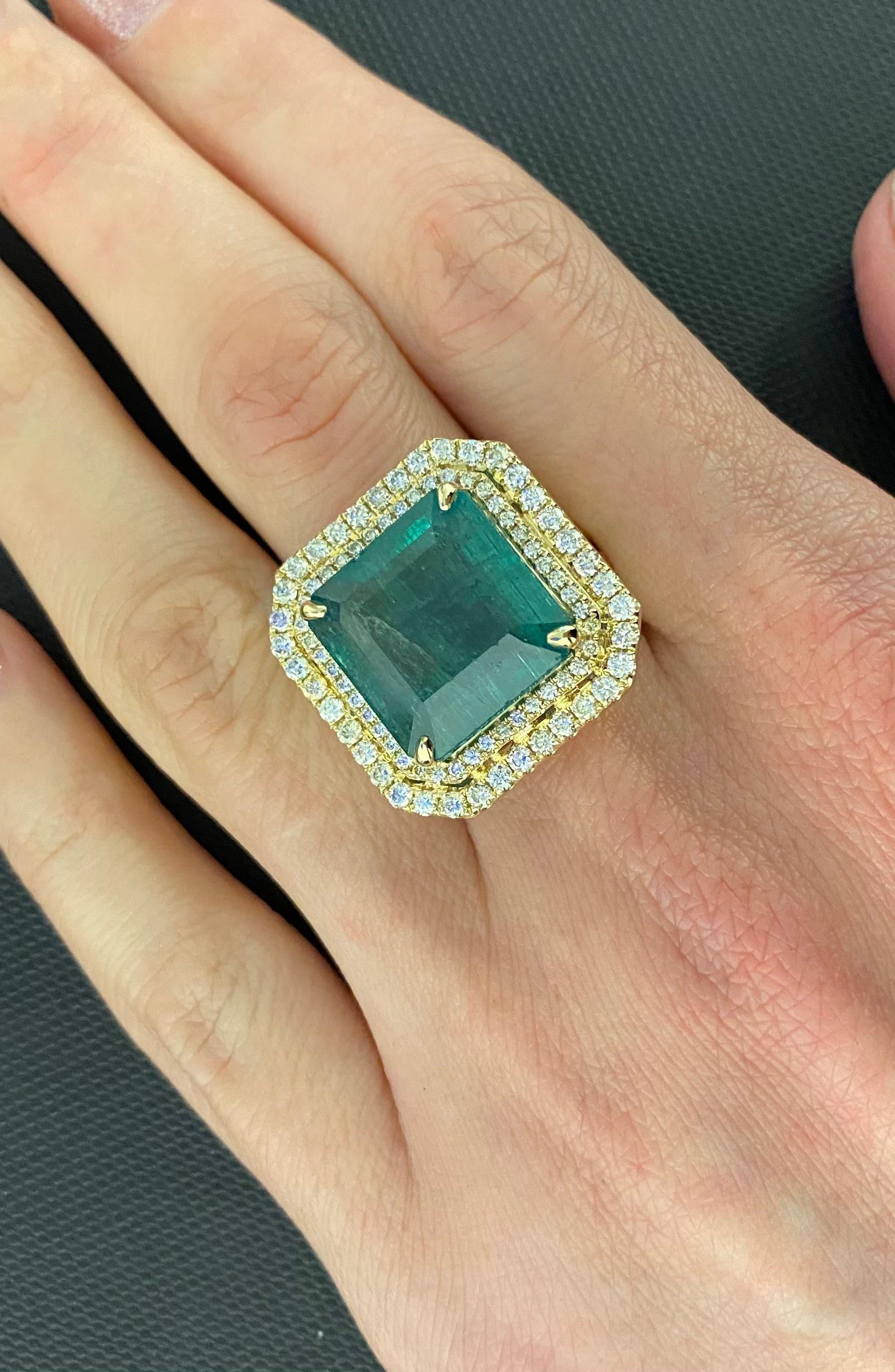 Square Cut Square Emerald Diamond Halo Statement Unique Luxury Vintage Yellow Gold Ring For Sale
