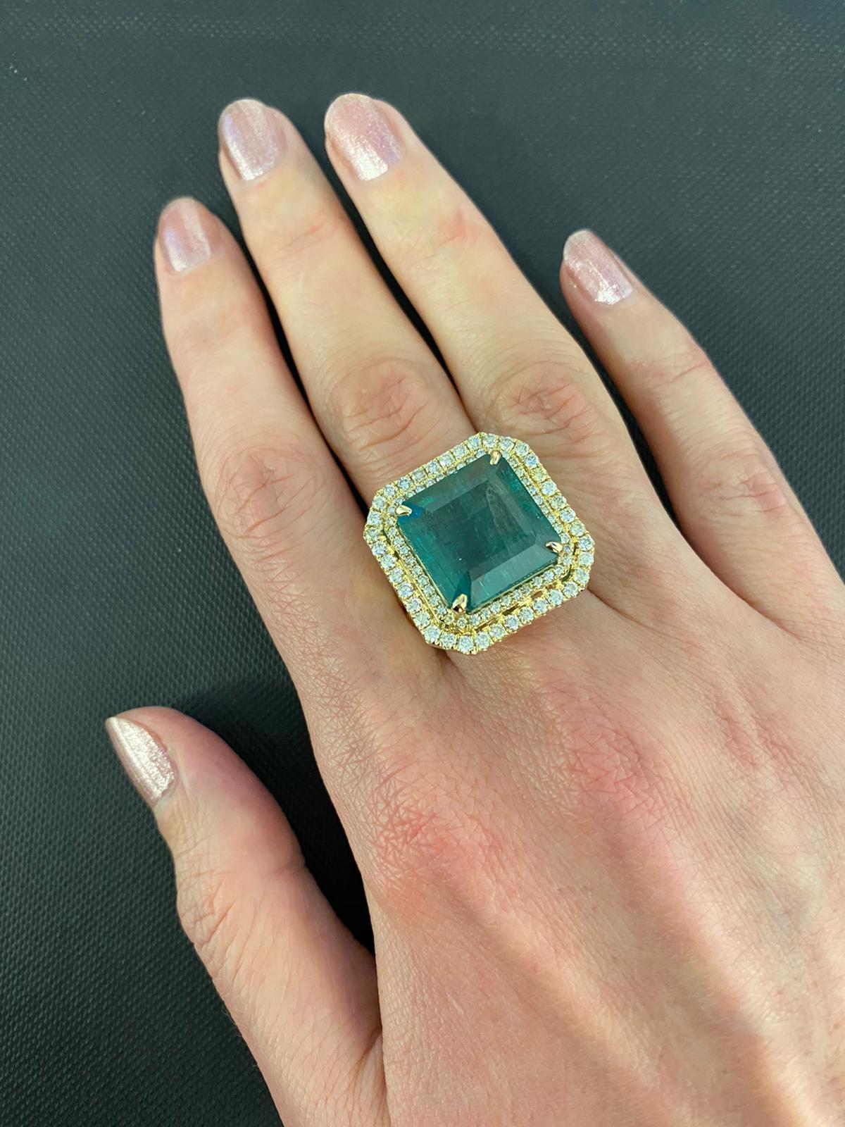 Women's or Men's Square Emerald Diamond Halo Statement Unique Luxury Vintage Yellow Gold Ring For Sale
