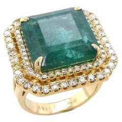 Square Emerald Diamond Halo Statement Unique Luxury Vintage Yellow Gold Ring