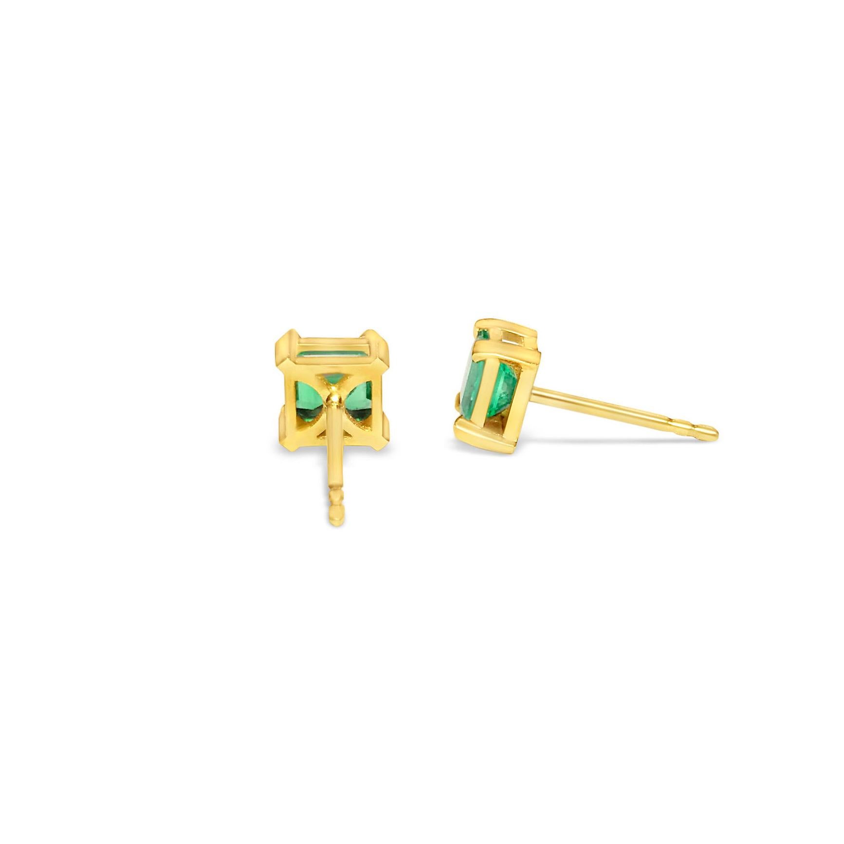 Emerald Cut Square 1ct Emerald Earrings in 14k Yellow Gold For Sale