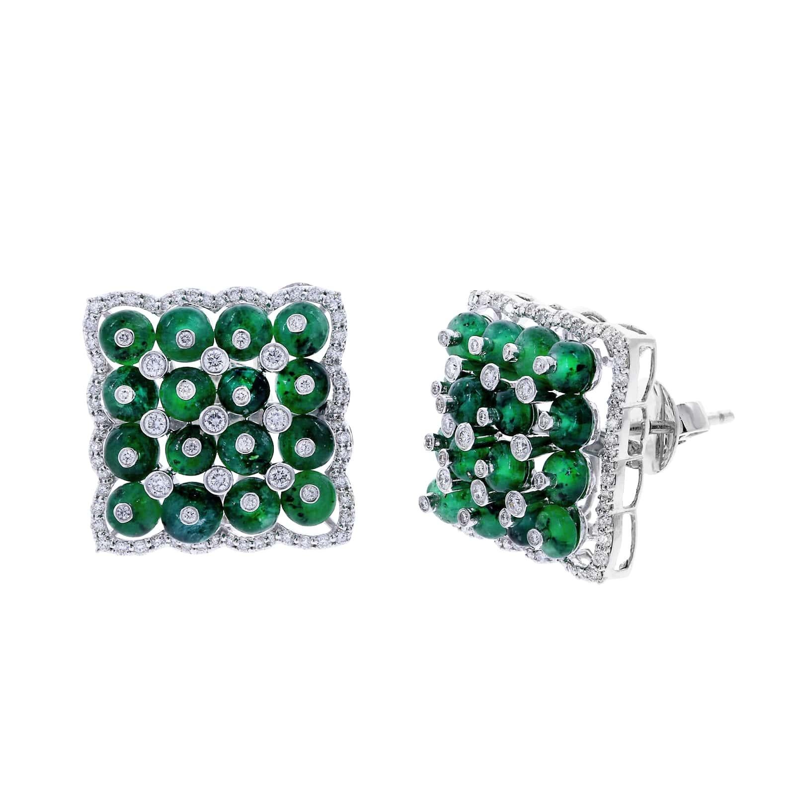 A stunning pair of square earrings with Emerald Beads and Diamonds, falling on the ear in a diamond shape. Total Weight: Diamonds (1.96 cts) and Emeralds (17.37 cts.). 18K White Gold.