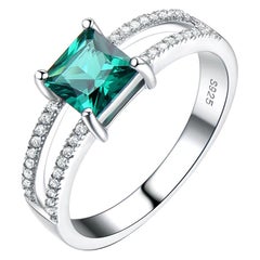 Square Emerald Green Cubic Zirconia Two Row Mounting Sterling Silver Ring