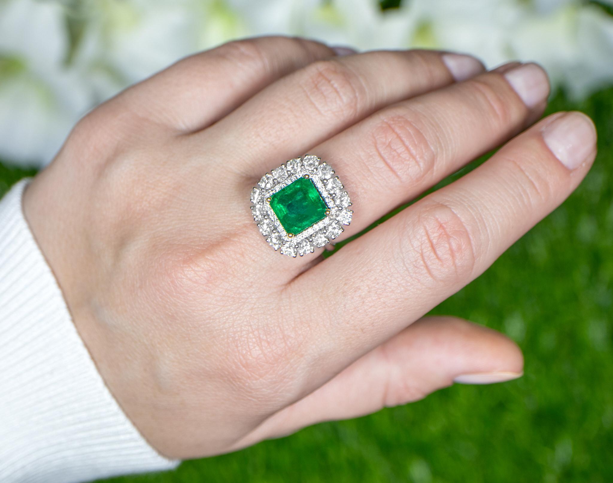 Art Deco Square Emerald Ring With Diamond Double Halo 5.62 Carats 18K Gold For Sale