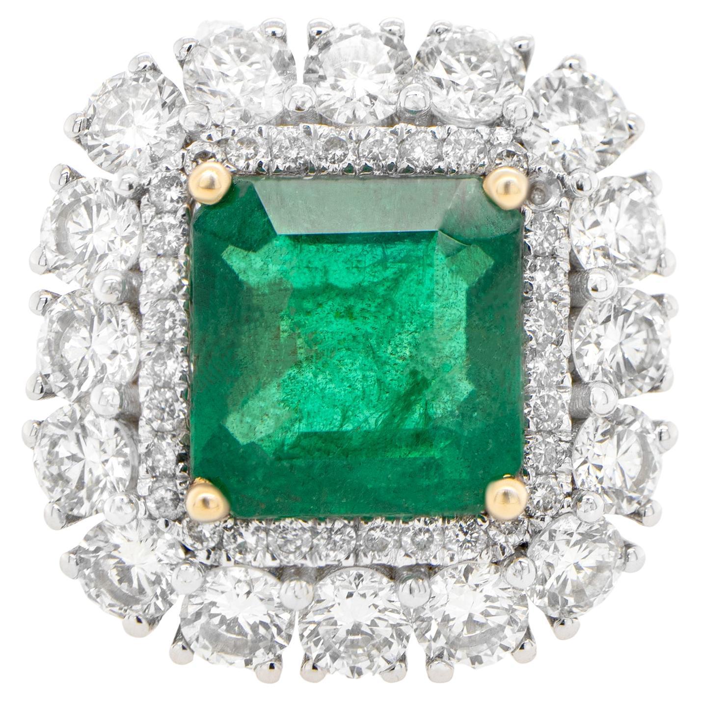 Square Emerald Ring With Diamond Double Halo 5.62 Carats 18K Gold For Sale