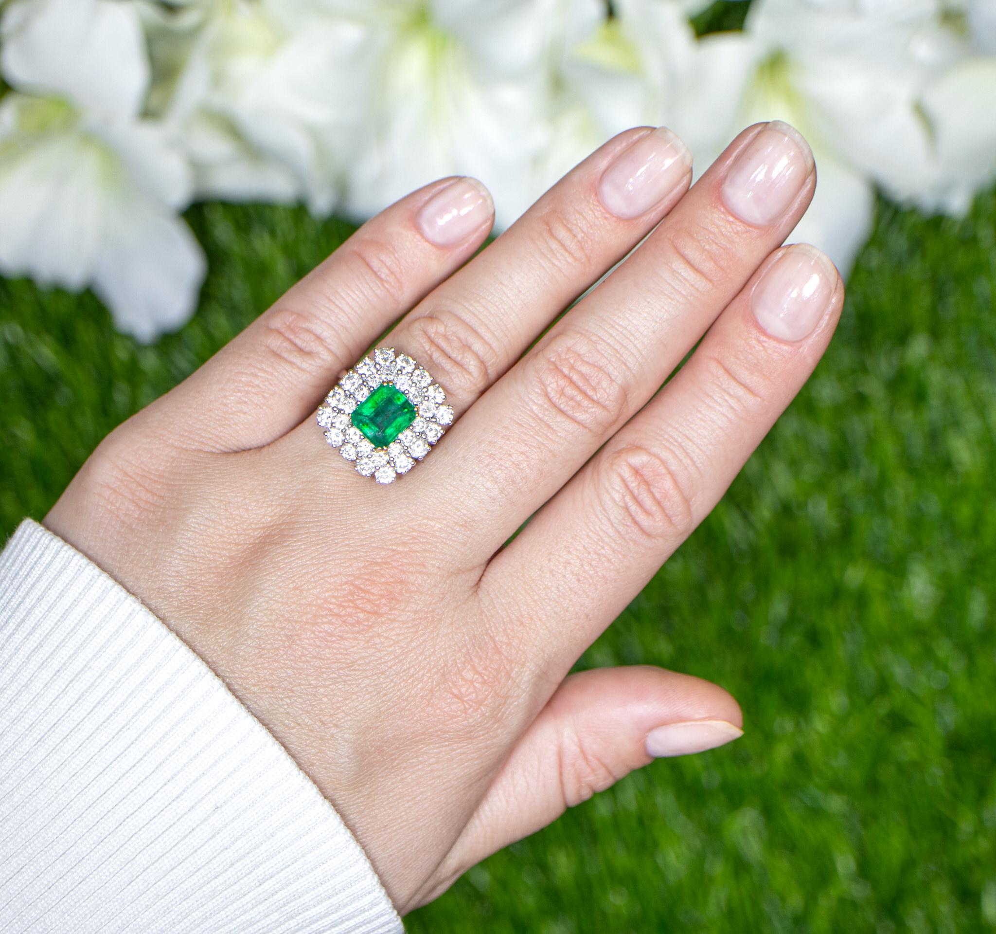 Art Deco Square Emerald Ring With Diamond Double Halo Setting 5.03 Carats 18K Gold For Sale
