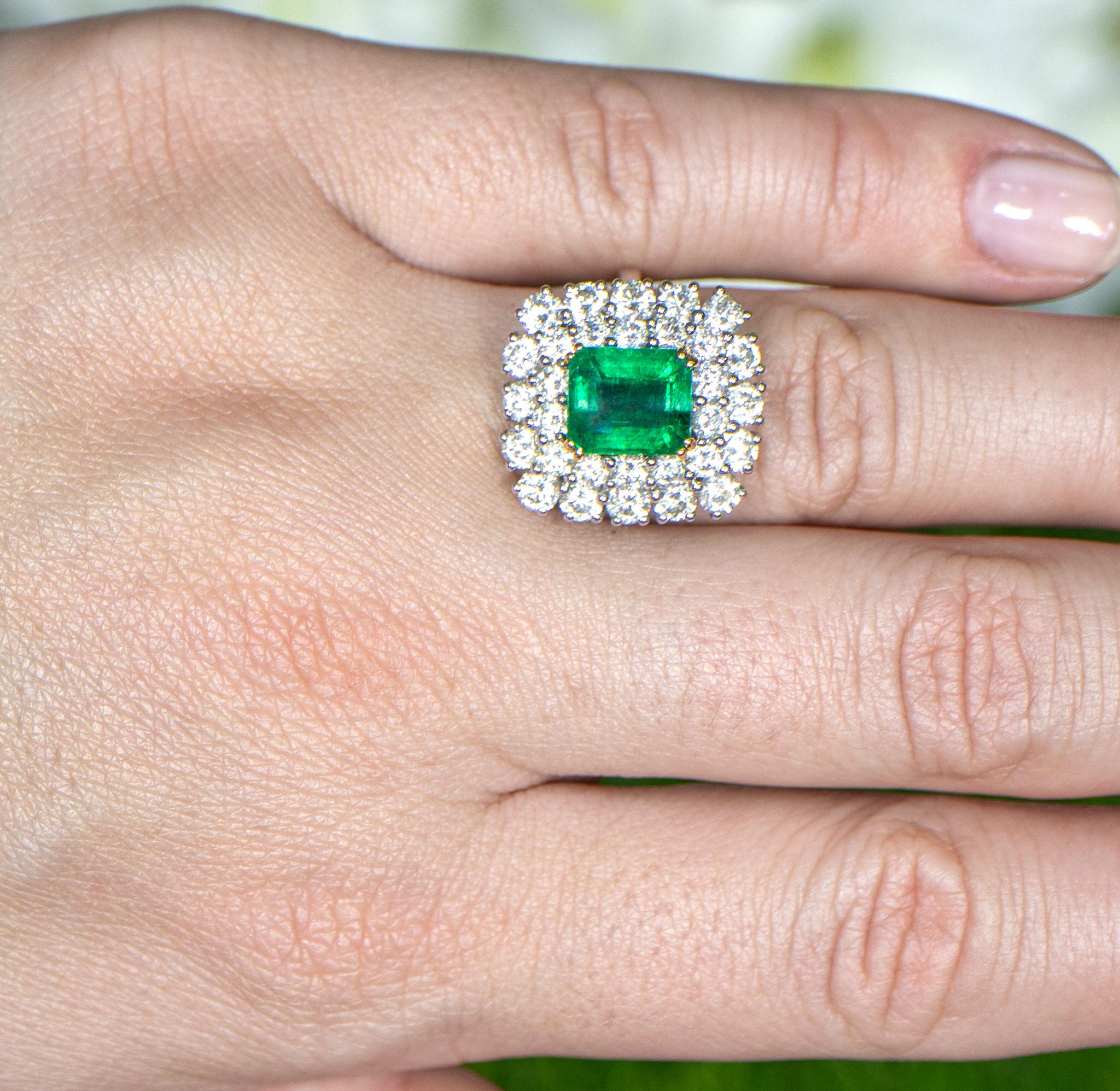 Square Cut Square Emerald Ring With Diamond Double Halo Setting 5.03 Carats 18K Gold For Sale