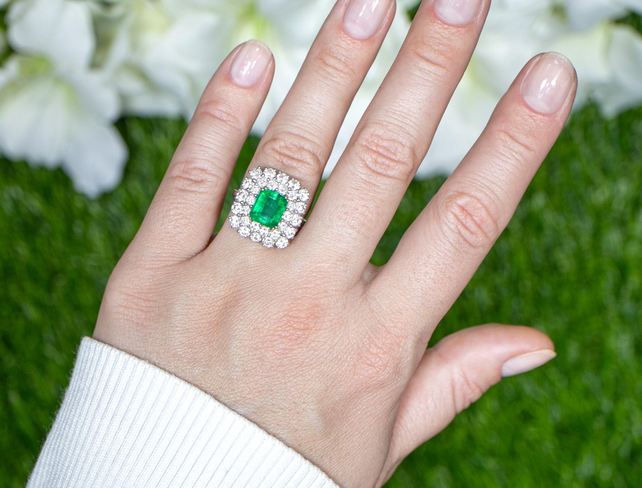 Women's Square Emerald Ring With Diamond Double Halo Setting 5.03 Carats 18K Gold For Sale