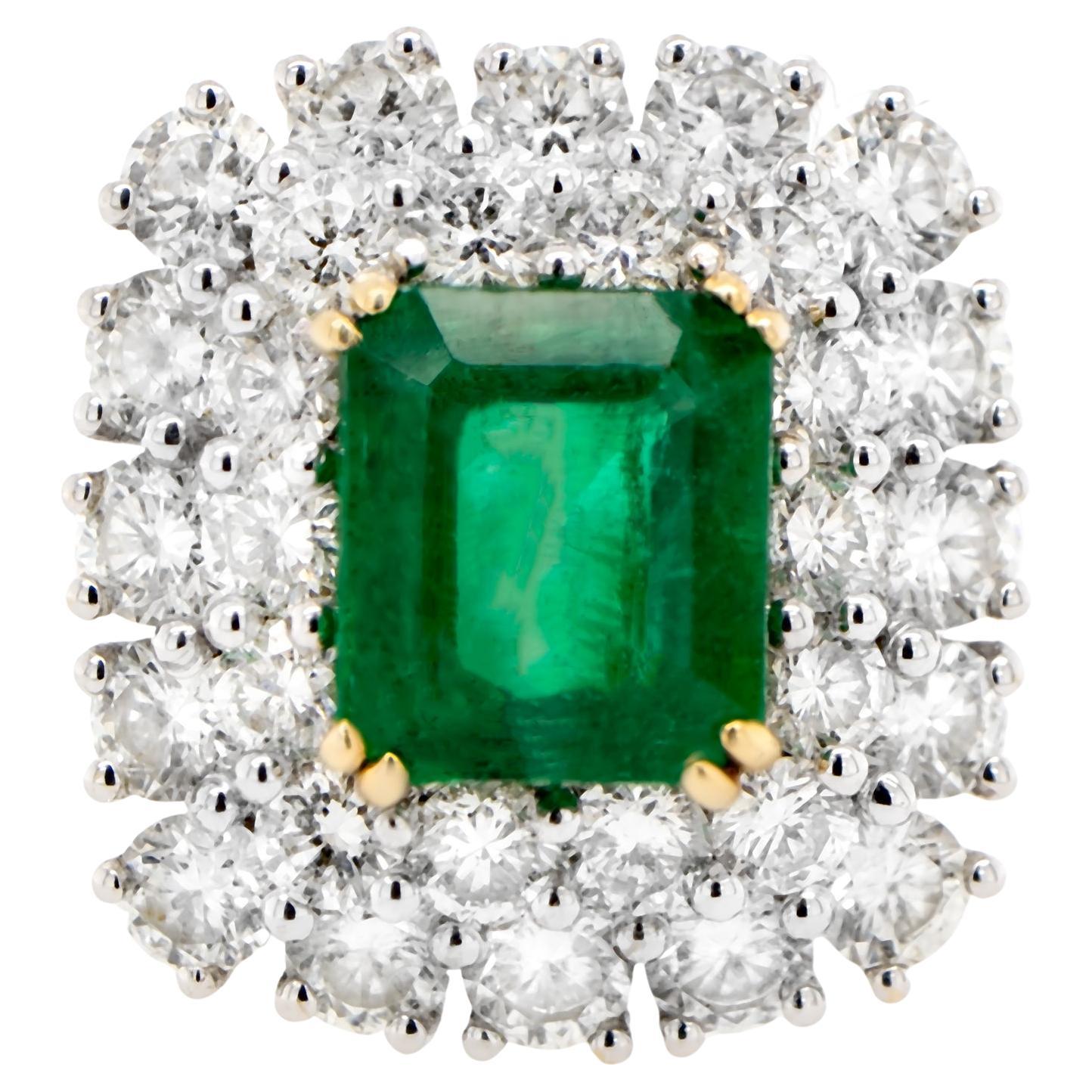 Square Emerald Ring With Diamond Double Halo Setting 5.03 Carats 18K Gold For Sale