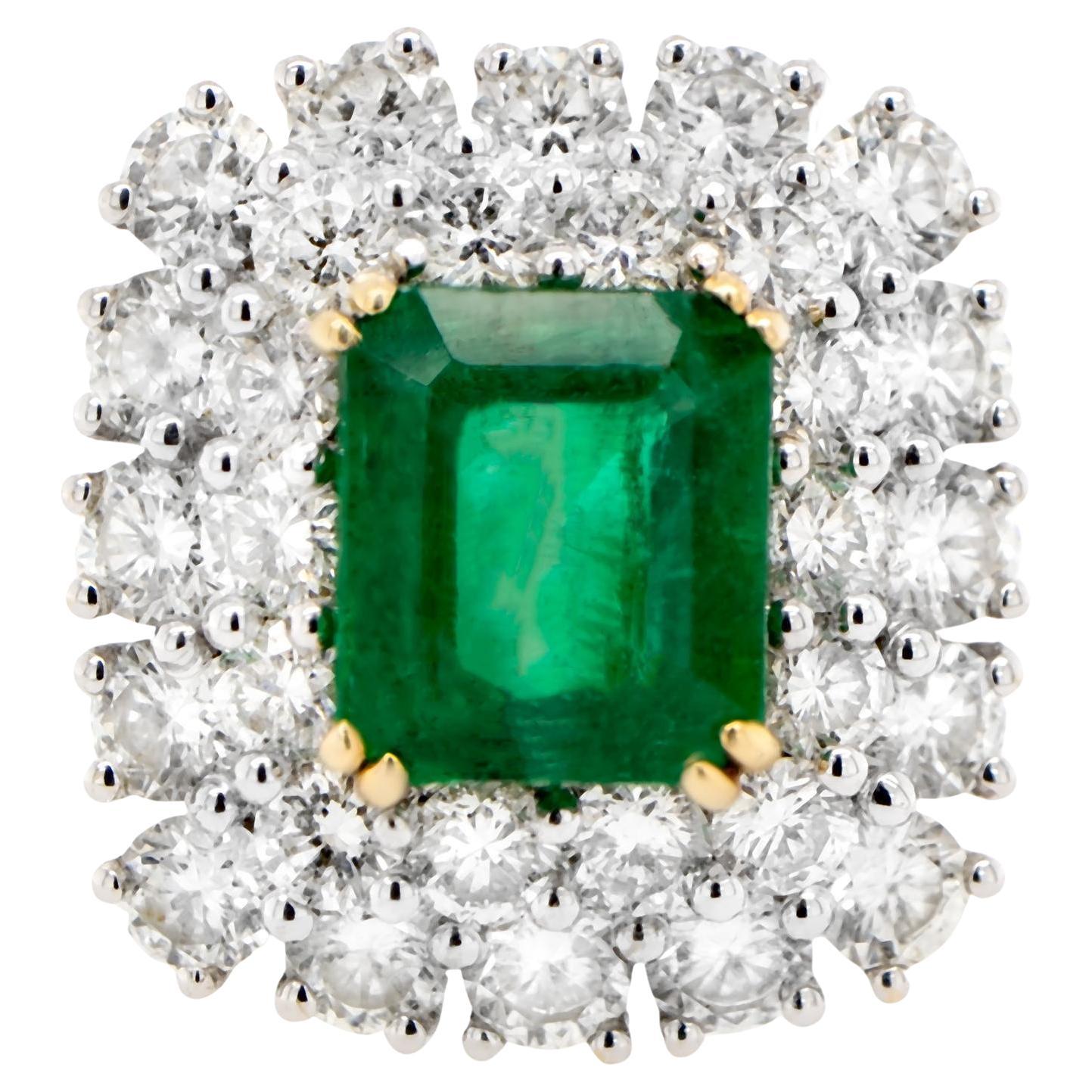 Square Emerald Ring With Diamond Double Halo Setting 5.03 Carats 18K Gold