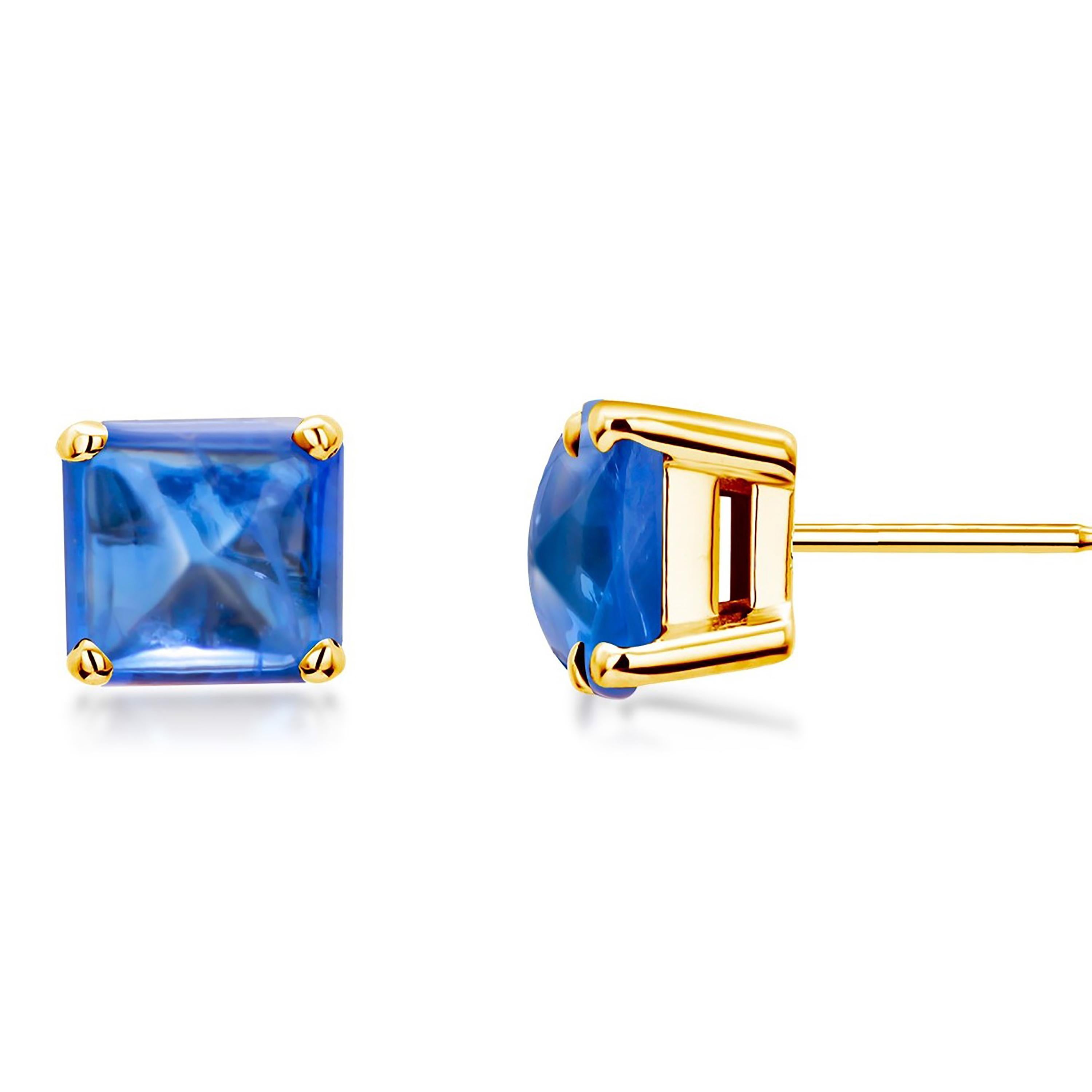 Emerald Cut Square Emerald Shaped Sugarloaf Ceylon Cabochon Sapphire Gold Stud Earrings