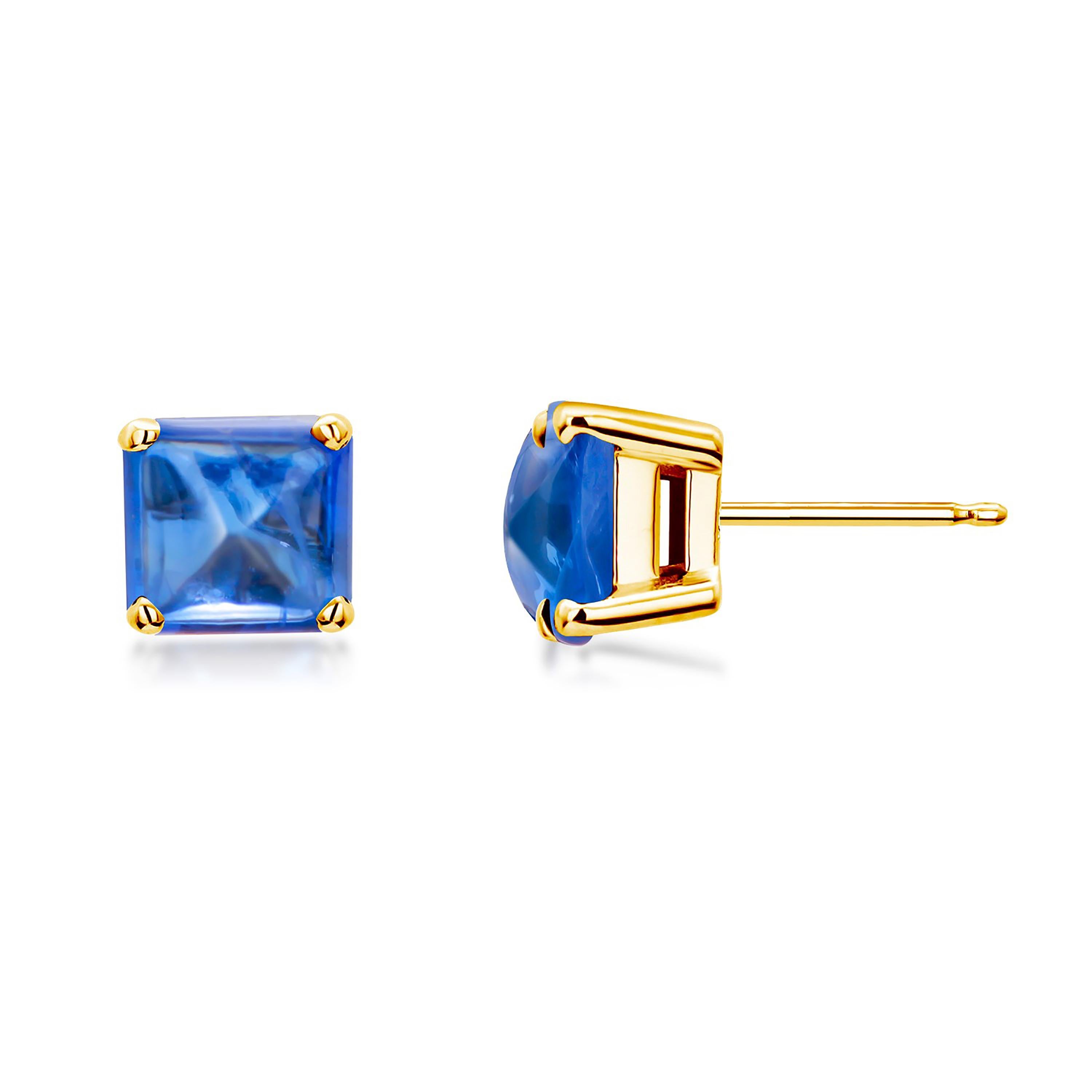 Square Emerald Shaped Sugarloaf Ceylon Cabochon Sapphire Gold Stud Earrings 1