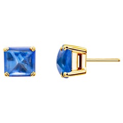 Square Emerald Shaped Sugarloaf Ceylon Cabochon Sapphire Gold Stud Earrings