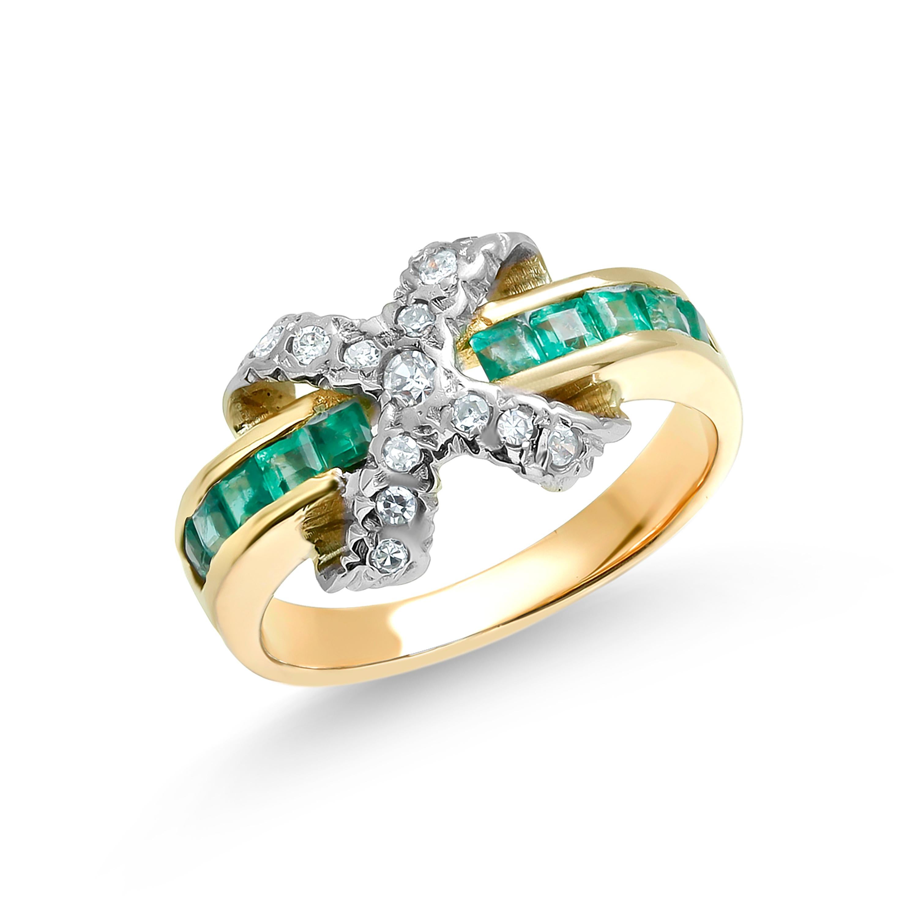 Square Cut Square Emeralds and Diamond X Motif Yellow Gold Cocktail Ring