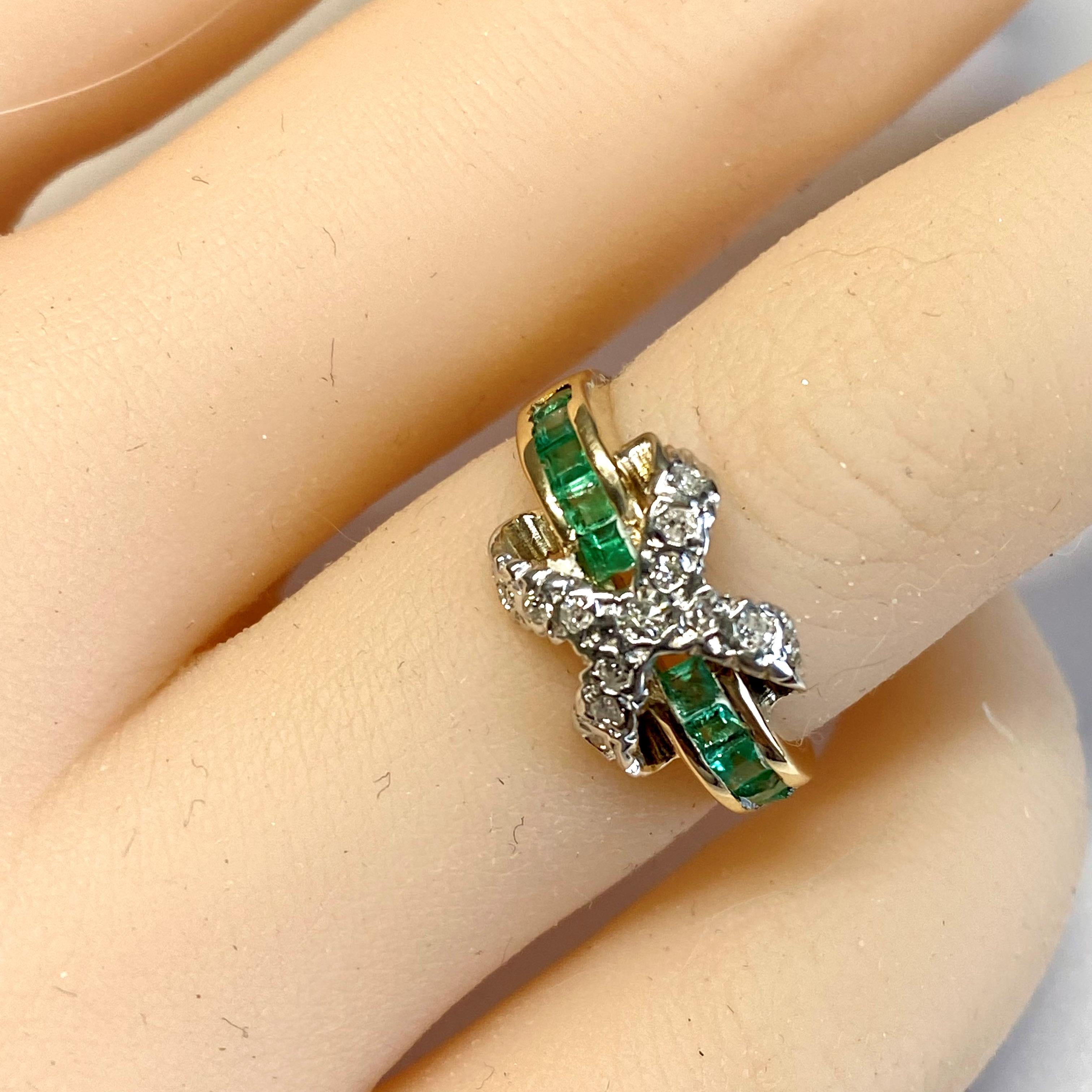 Contemporary Square Emeralds and Diamond X Motif Yellow Gold Cocktail Ring