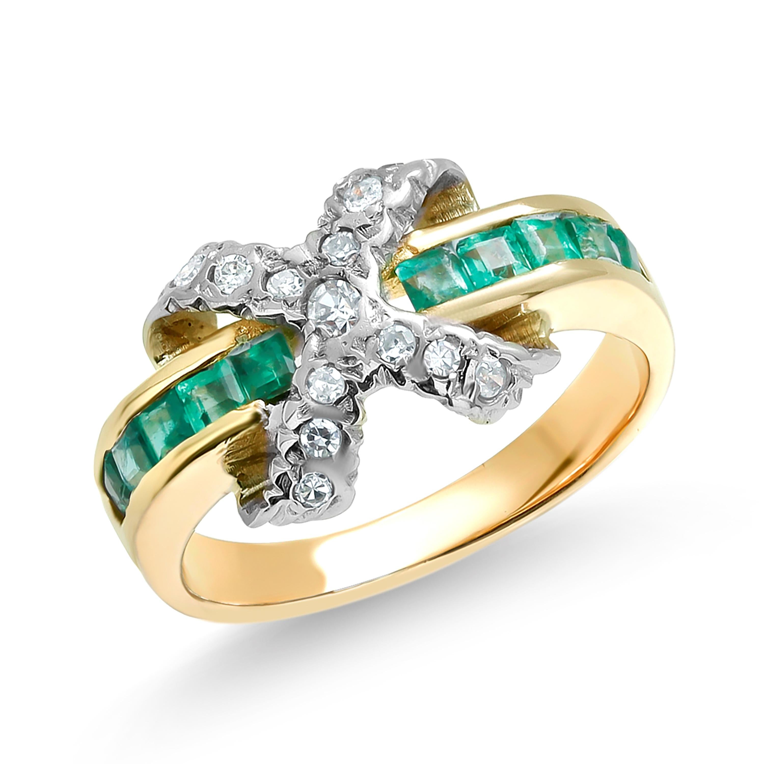 Women's or Men's Square Emeralds and Diamond X Motif Yellow Gold Cocktail Ring