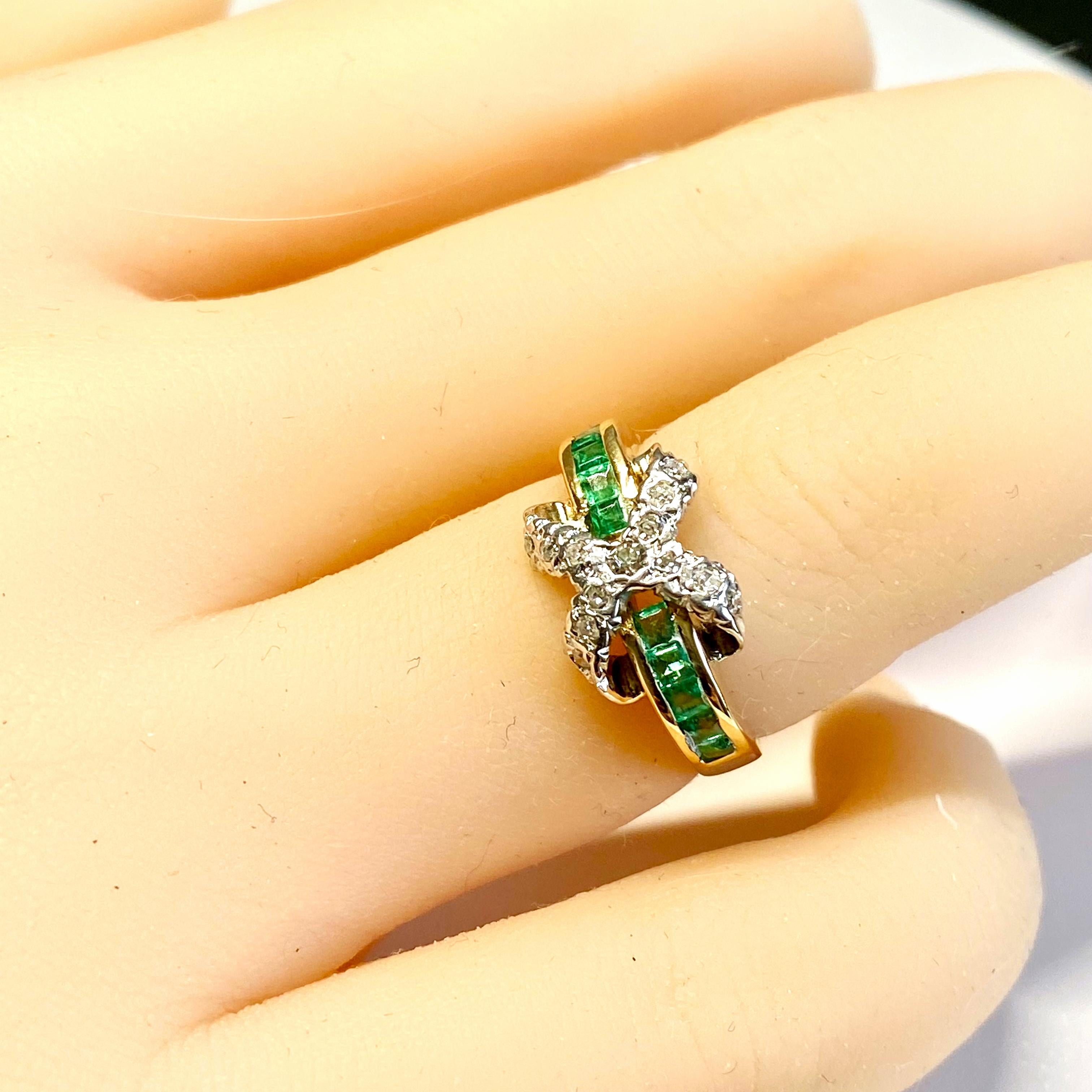 Square Emeralds and Diamond X Motif Yellow Gold Cocktail Ring 1
