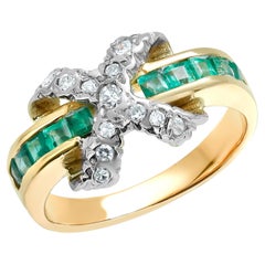 Square Emeralds and Diamond X Motif Yellow Gold Cocktail Ring