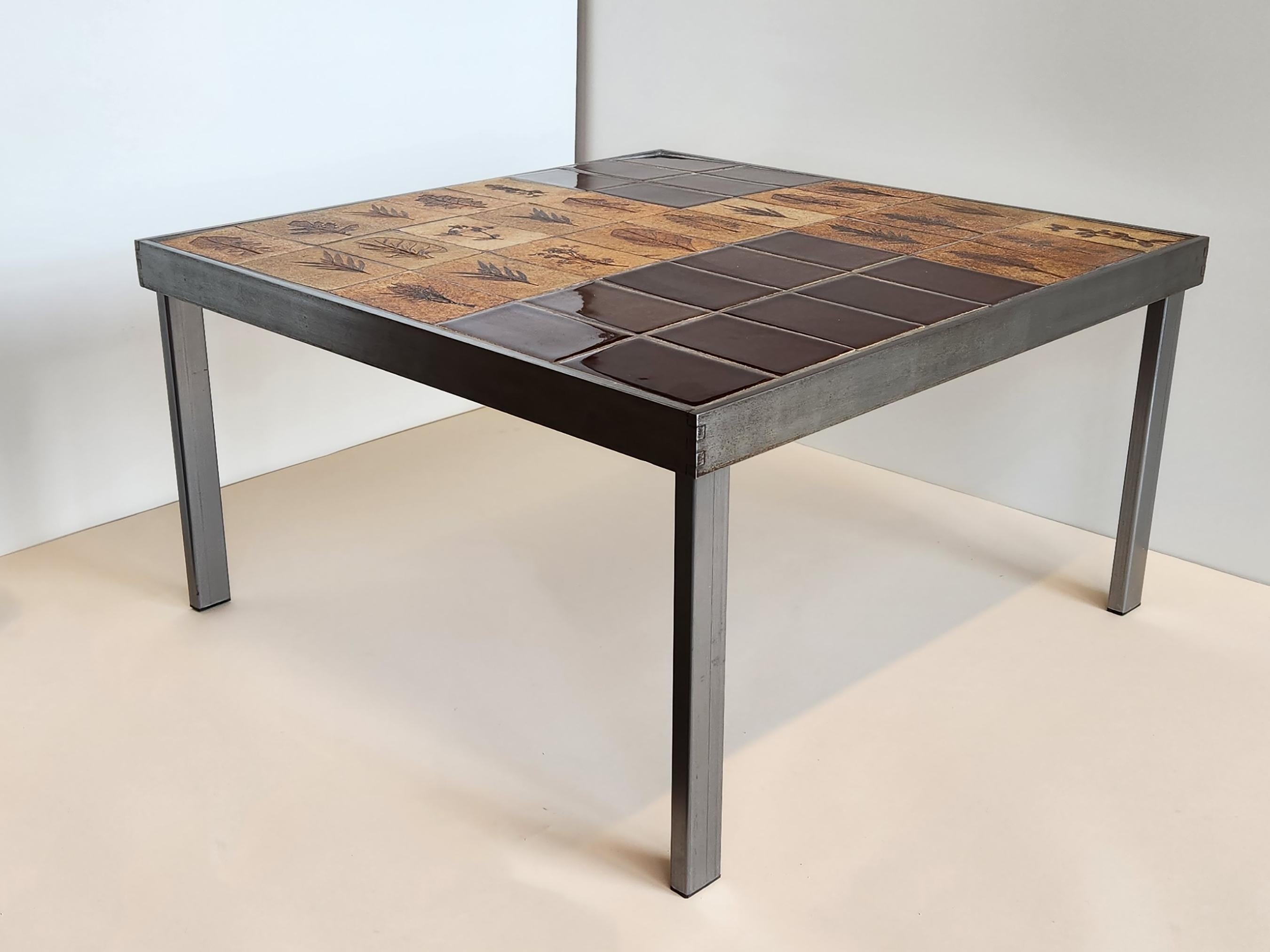 Mid-Century Modern Roger Capron - End Table, Garrigue + Brown Ceramic Tiles, Dovetail Metal Frame For Sale