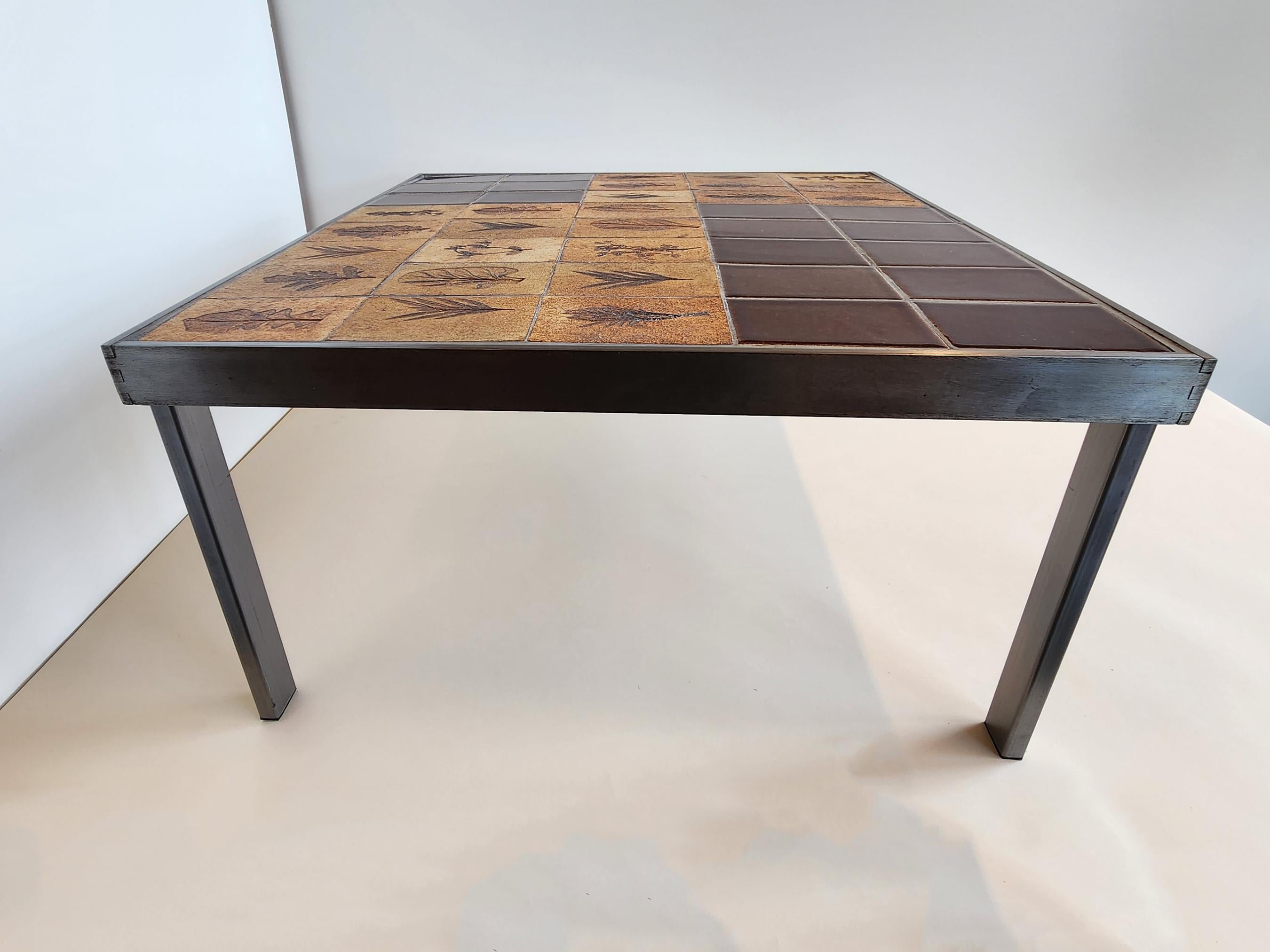 Roger Capron - End Table, Garrigue + Brown Ceramic Tiles, Dovetail Metal Frame In Good Condition For Sale In Stratford, CT