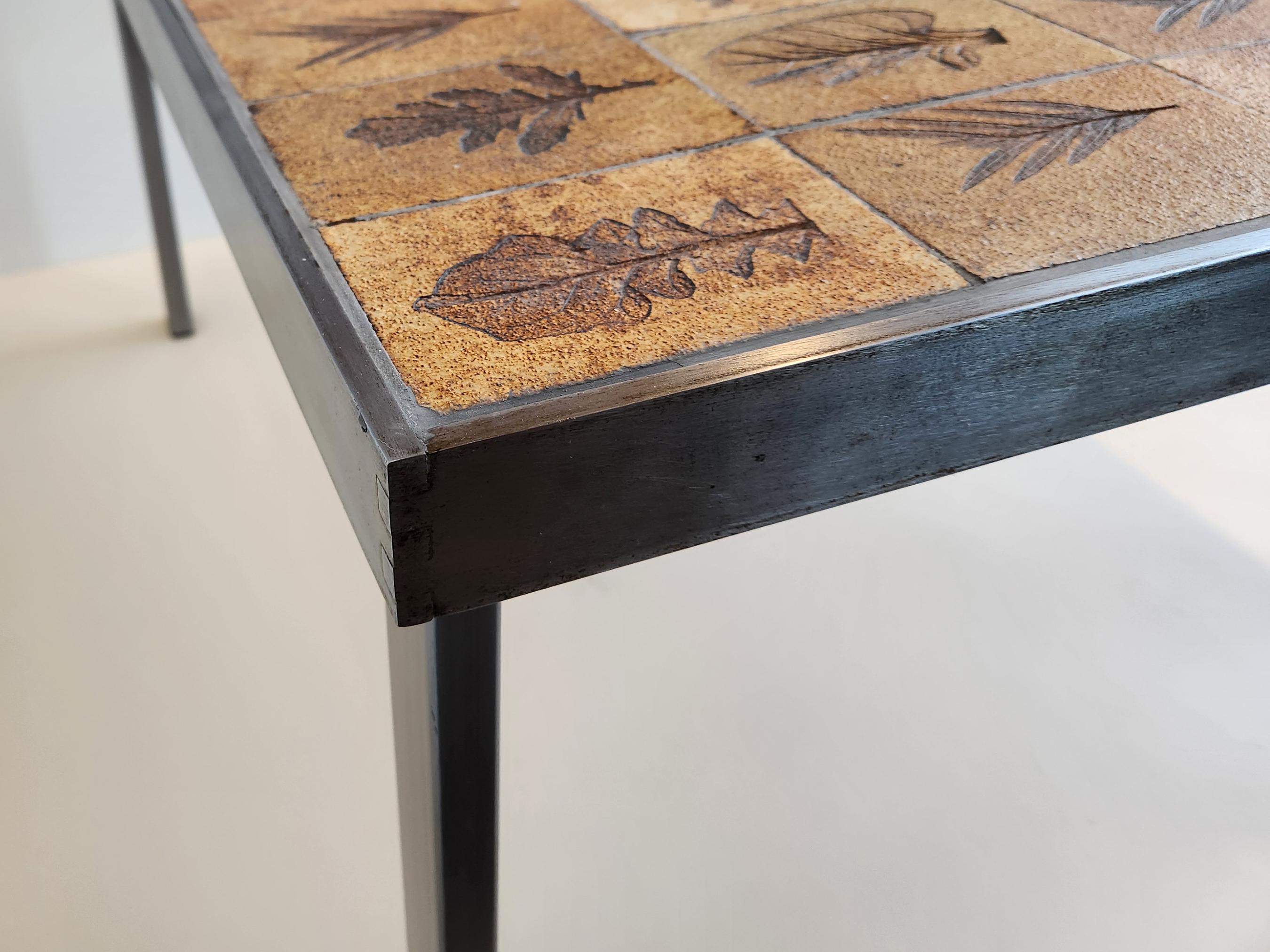 Roger Capron - End Table, Garrigue + Brown Ceramic Tiles, Dovetail Metal Frame For Sale 1