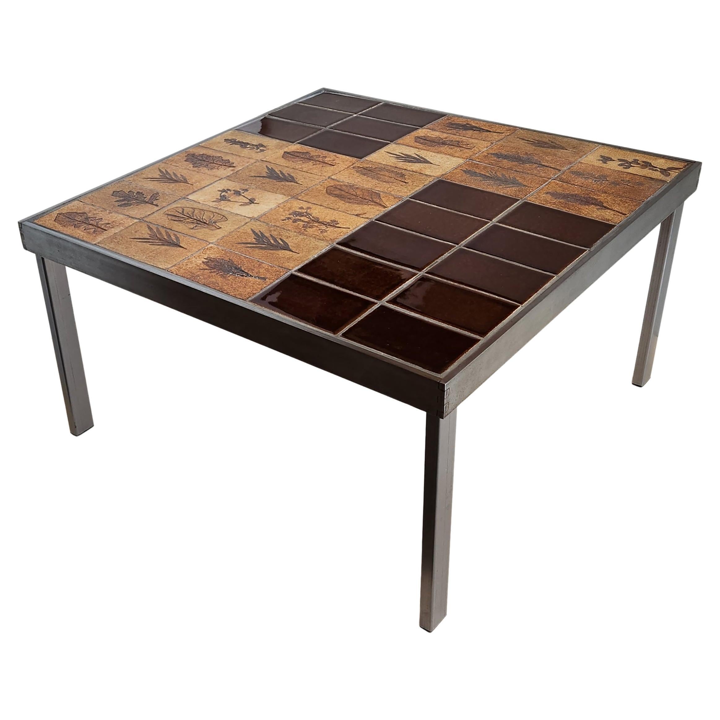 Roger Capron - End Table, Garrigue + Brown Ceramic Tiles, Dovetail Metal Frame For Sale