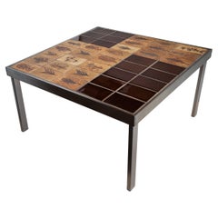 Retro Roger Capron - End Table, Garrigue + Brown Ceramic Tiles, Dovetail Metal Frame