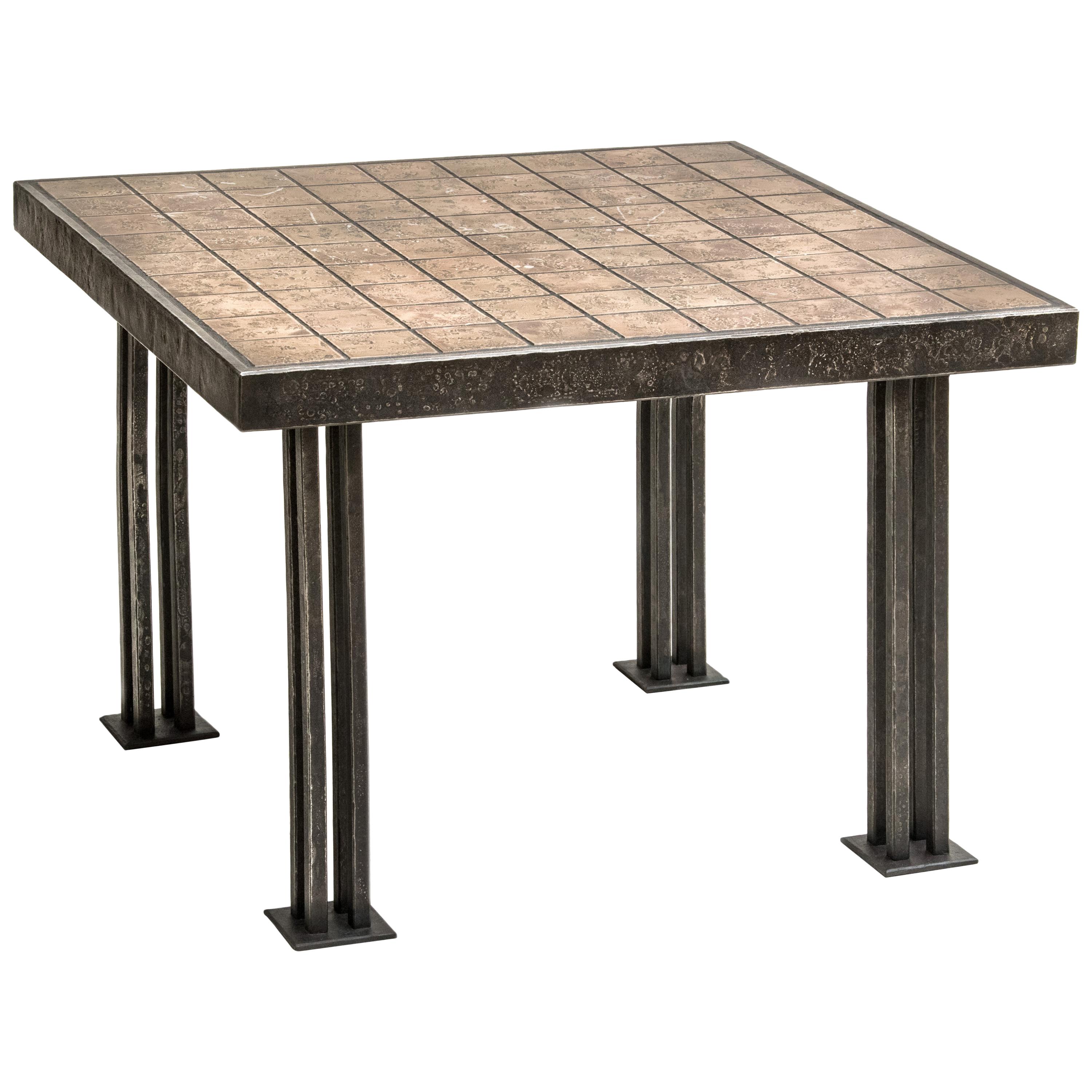 Square End Table Made of Forged Bronze Tiles and Forged Steel Legs