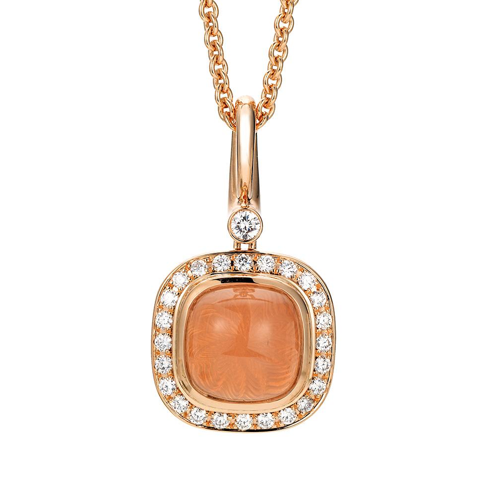 Contemporary Square Era Pendant Necklace 18k Rose Gold 25 Diamonds and 1 Rose Quartz Cabochon For Sale