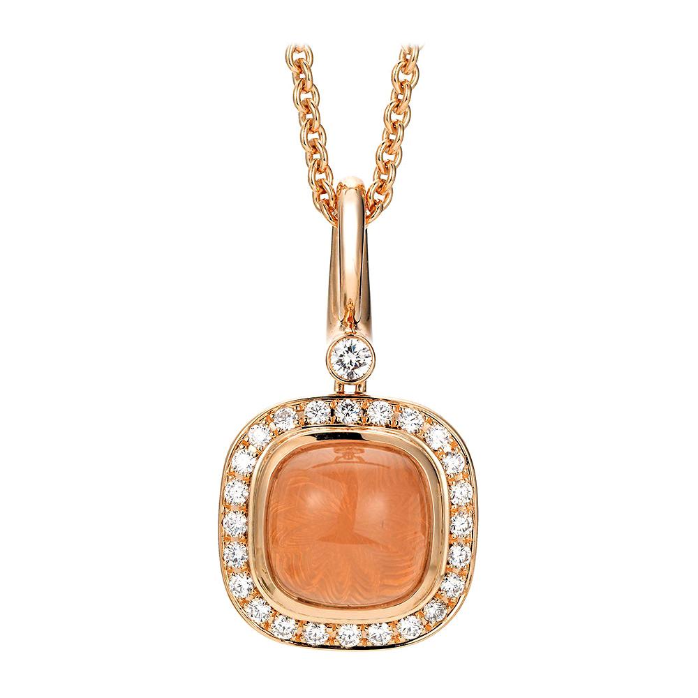 Collier pendentif Era carré en or rose 18 carats 25 diamants et 1 cabochon de quartz rose