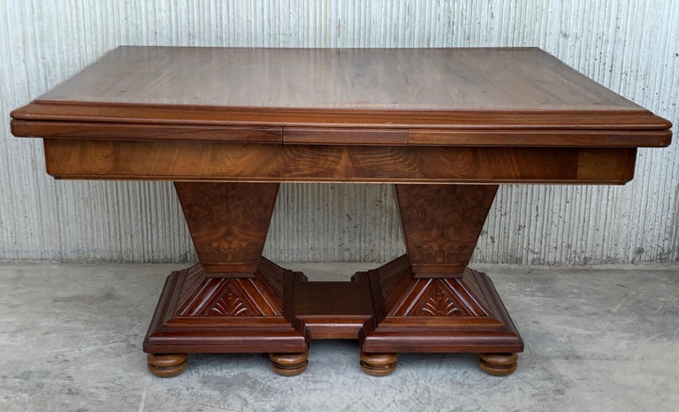 French Square Extendable Art Deco Dining Table with Two-Burl Walnut Pedestals For Sale