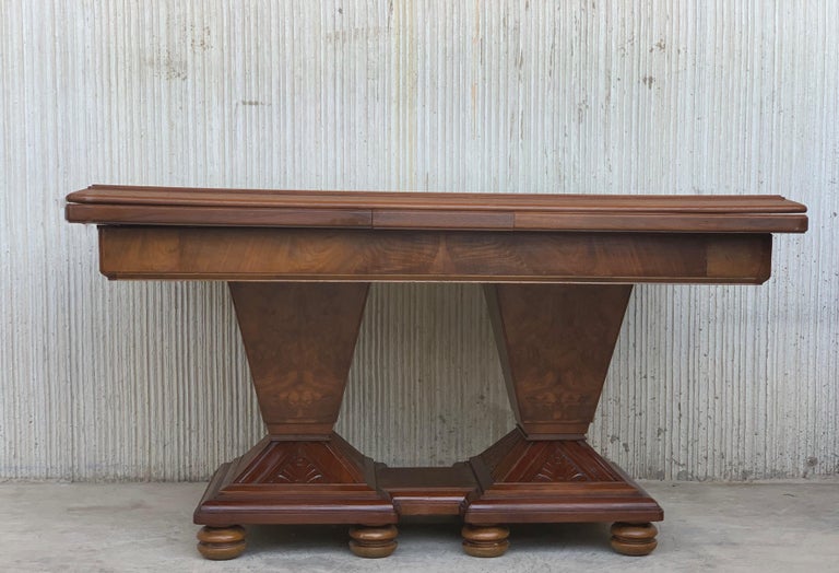 Square Extendable Art Deco Dining Table with Two-Burl Walnut Pedestals In Good Condition For Sale In Miami, FL
