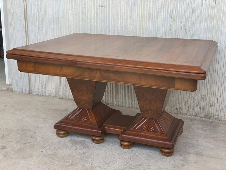 20th Century Square Extendable Art Deco Dining Table with Two-Burl Walnut Pedestals For Sale