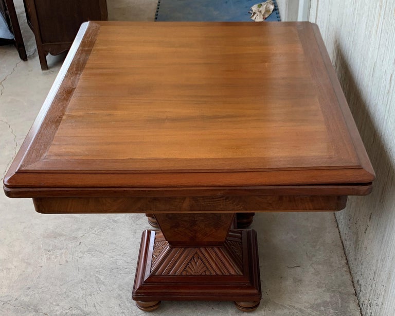 Square Extendable Art Deco Dining Table with Two-Burl Walnut Pedestals For Sale 1