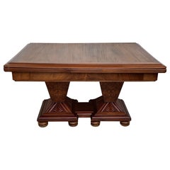 Square Extendable Art Deco Dining Table with Two-Burl Walnut Pedestals