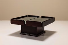 Square Extendable Coffee Table In Stained Beech With Glass Top, Italy 1960's