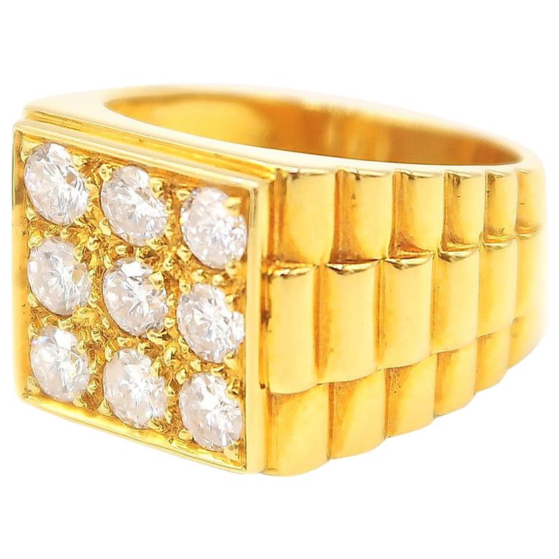 1.35 Carat Diamond Square Faced 22 Karat Yellow Gold Men's Ring For Sale