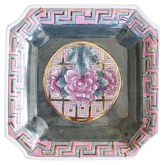 Square Famille Rose Pink Chinoiserie Decorative Ceramic Trinket Dish / Catchall For Sale