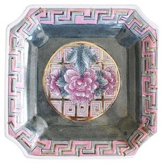 Vintage Square Famille Rose Pink Chinoiserie Decorative Ceramic Trinket Dish / Catchall