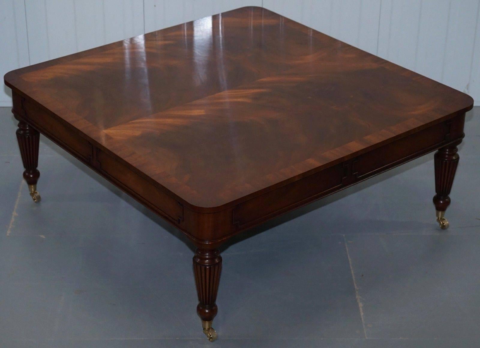 We are delighted to offer for sale this absolutely stunning twin drawers flamed mahogany coffee table with Gillows style carved legs finished with brass castors

This table is pretty much the best looking piece of this type I have ever seen, it is