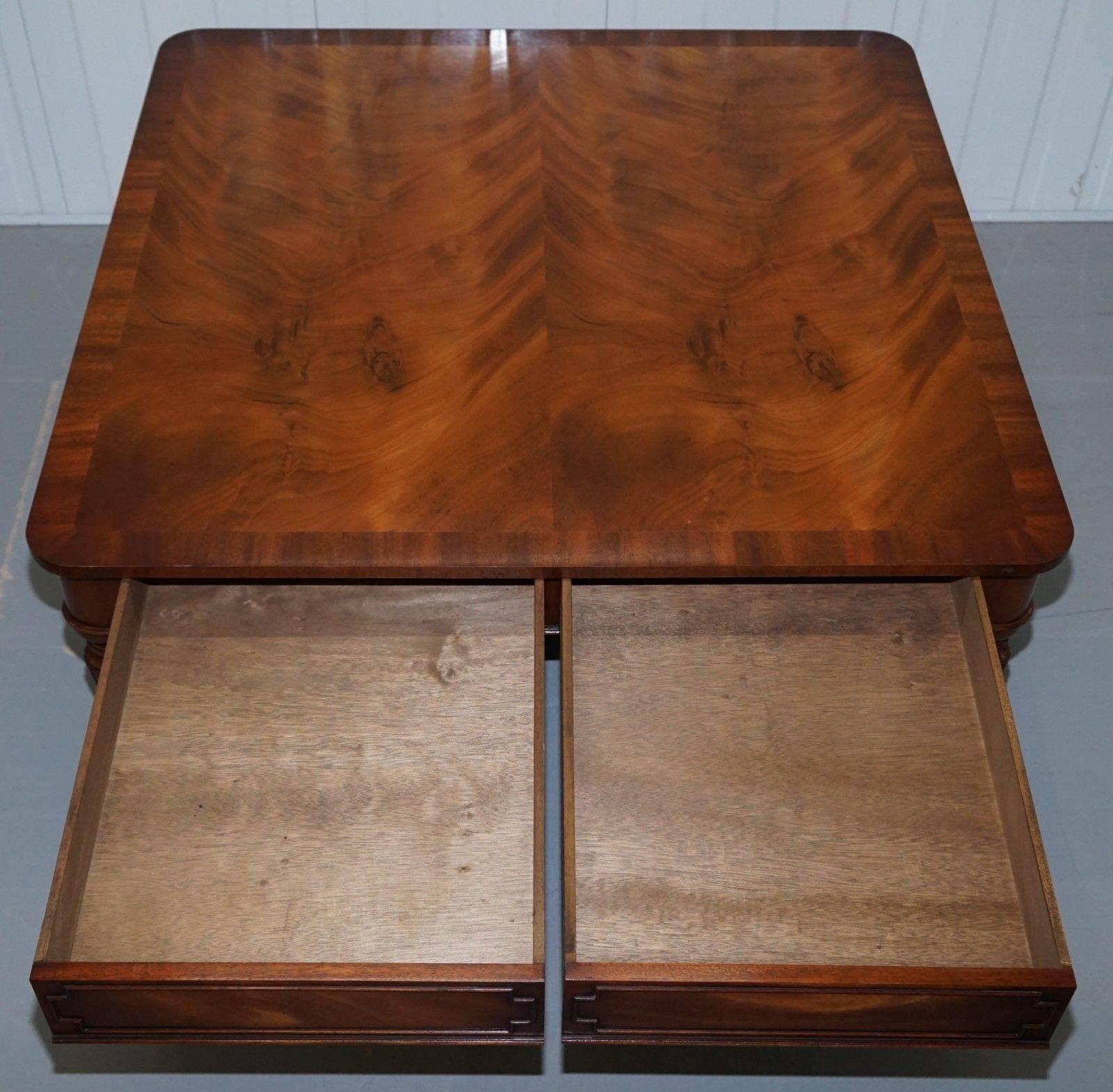 20th Century Square Flamed Mahogany Coffee Table Carbed Legs Castors with Drawers