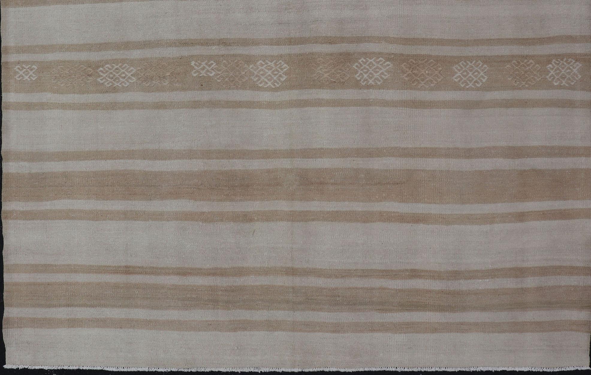 Square Flat-Weave Kilim Vintage Rug from Turkey with Horizontal Stripes in Taupe In Good Condition For Sale In Atlanta, GA