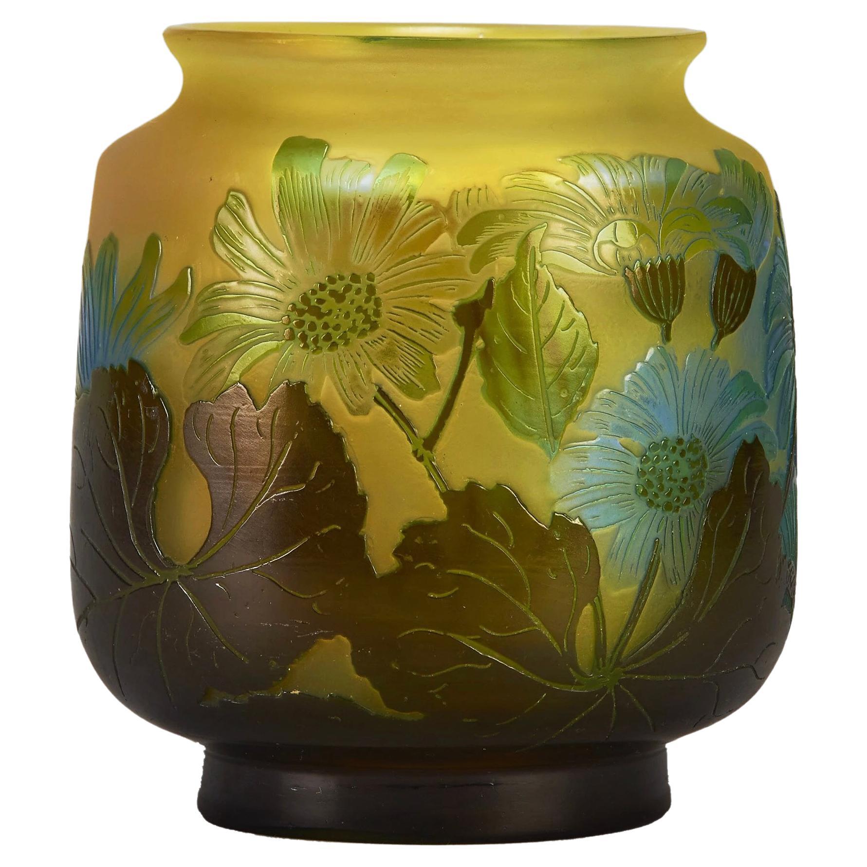 “Square Floral Vase” Art Nouveau Cameo Glass Vase by Emile Galle, circa 1900