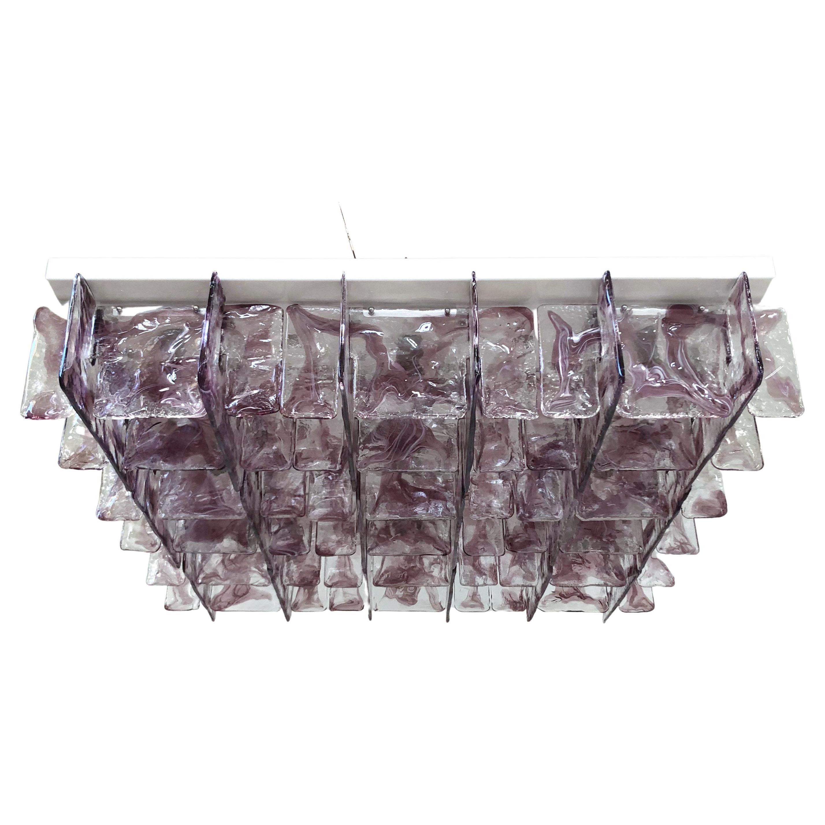 Italian flushmount with hand blown clear and amethyst Murano glass panels mounted on white metal frame with chrome hardware / Designed by Fabio Bergomi for Fabio Ltd, in the style of Mazzega / Made in Italy
9 lights / E26 or E27 type / max 60W