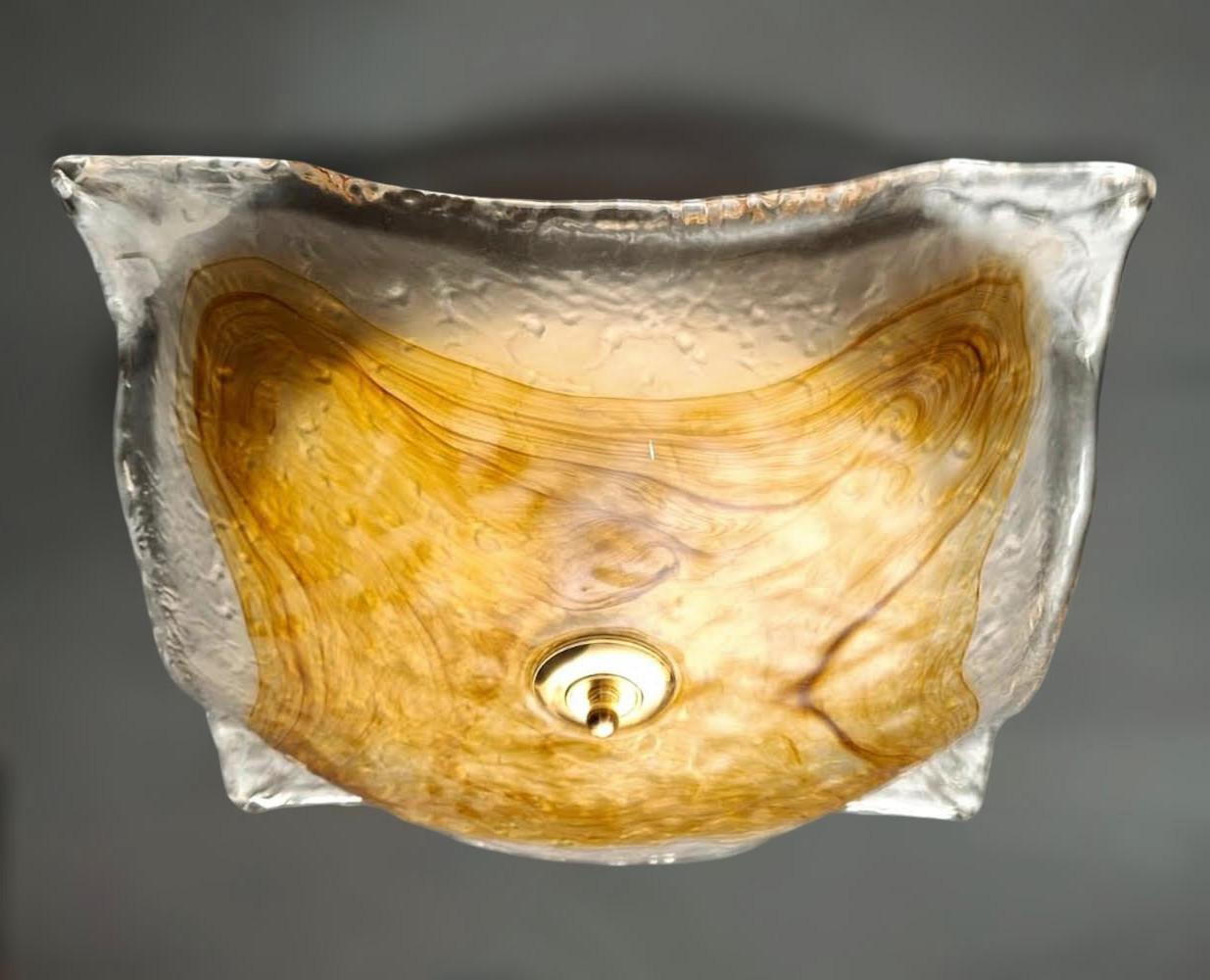 Vintage Italian flush mount or wall light a square frosted Murano glass shade decorated in amber color / Made in Italy by Mazzega, circa 1960s
Measures: length 18.5 inches, width 18.5 inches, height 5 inches
2 lights / E26 or E27 type / max 60W