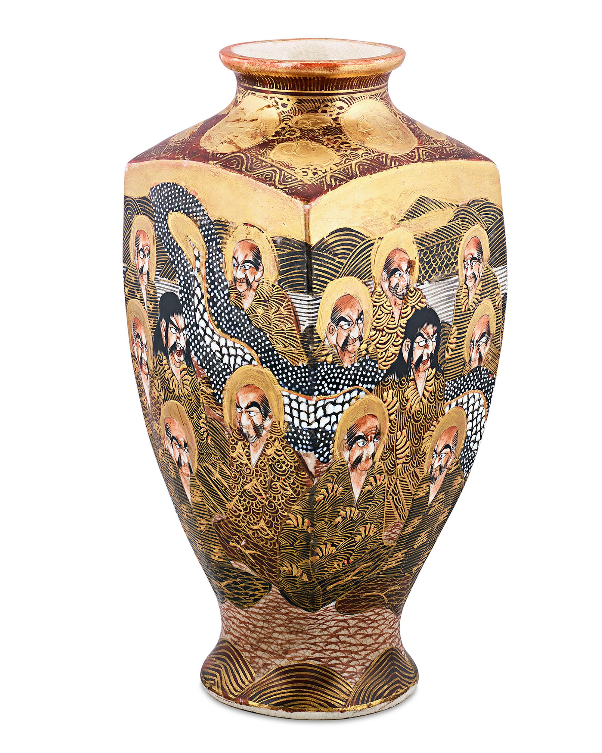 This extraordinary square form Satsuma vase with a circular top is adorned with Buddhist monks and signed on the underside “Great Japan, Satsuma, Hododa.” This represents the highly collectible and prominent maker of Satsuma ware, Hododa, who was